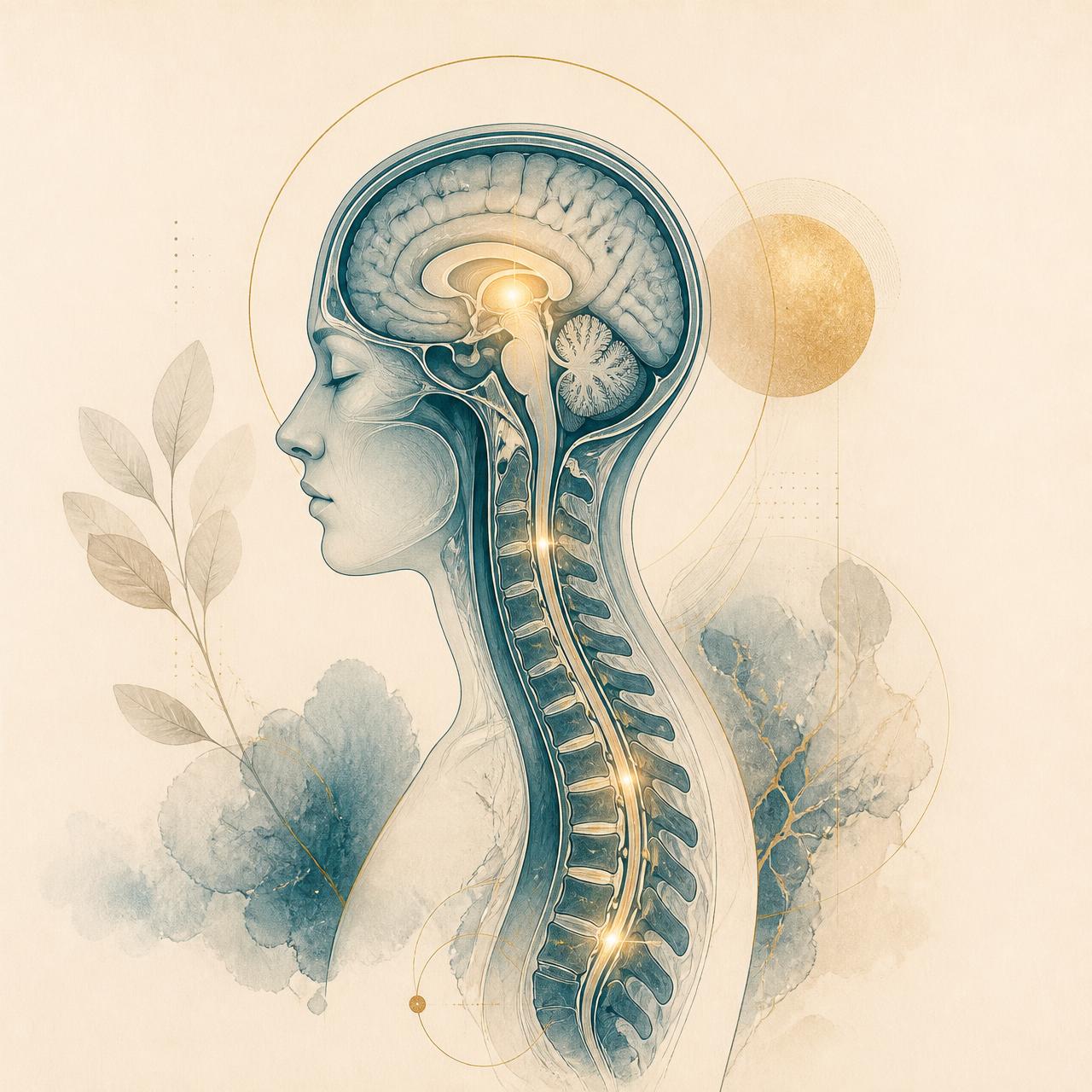 Editorial illustration of a serene human profile with a soft MRI cross-section of the brain and spine